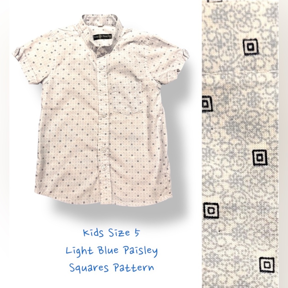LIKE NEW Button Up Polo; Light Blue Paisley with Layered Square Pattern  (5T)